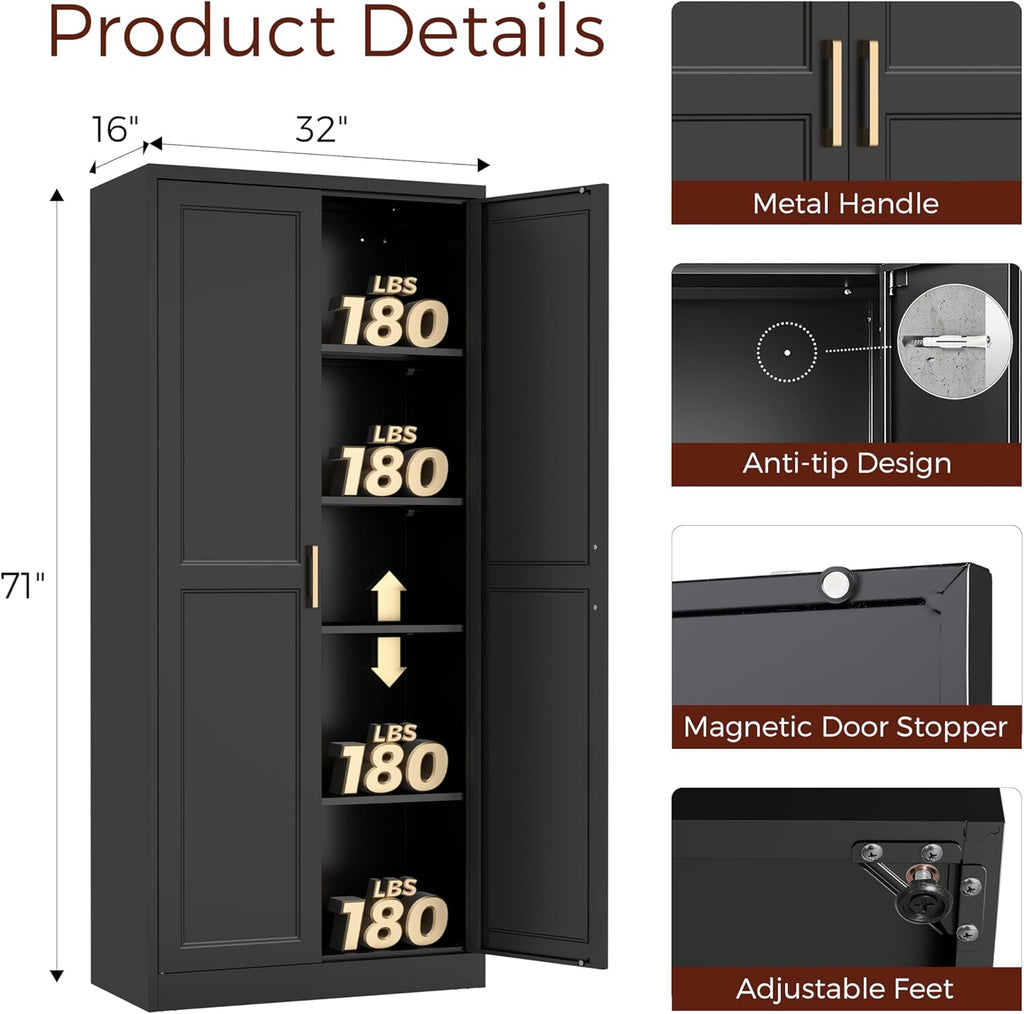 71' Tall Metal Pantry Cabinet, Black Kitchen Pantry Storage Cabinet with 4 Adjustable Shelves and Gold Handles, Cupboard for Kitchen, Dining Room, Living Room, Bathroom