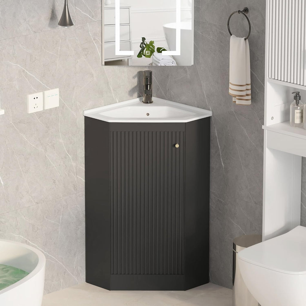 24 Inch Corner Bathroom Vanity with Sink for Small Spaces, Black Freestanding Bathroom Vanity with Ceramic Sink, Modern Wall Mount Small Bathroom Vanity for Powder Room,Half Bath(No Faucet)