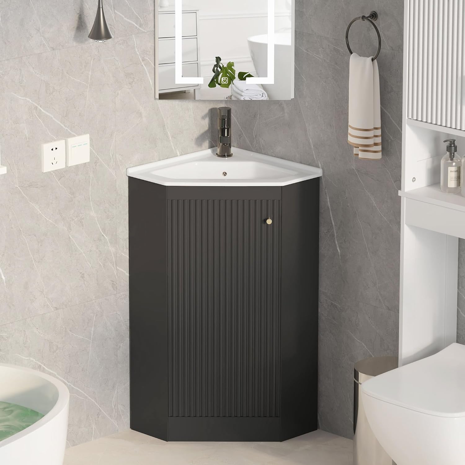 24 Inch Corner Bathroom Vanity with Sink for Small Spaces, Black Freestanding Bathroom Vanity with Ceramic Sink, Modern Wall Mount Small Bathroom Vanity for Powder Room,Half Bath(No Faucet)