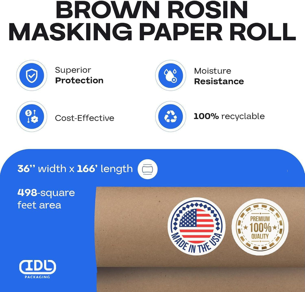 IDL Packaging Brown Rosin Masking Paper 36' x 1992' (166 feet), 4-Pack (1992 Sq.Ft) – Thick Floor Covering (66 lb Thickness) - USA-Made Masking Paper for Painting and Construction, Surface Protection