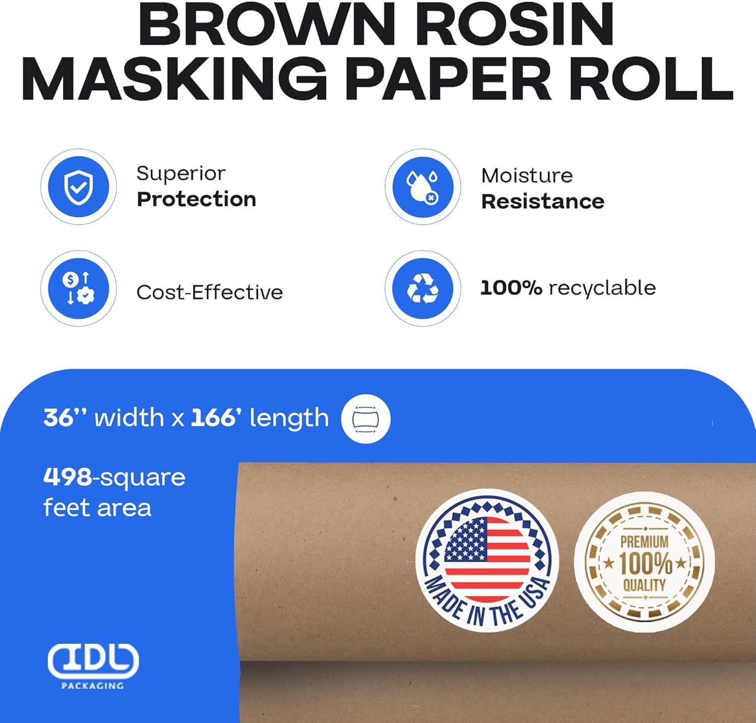 IDL Packaging Brown Rosin Masking Paper 36' x 1992' (166 feet), 4-Pack (1992 Sq.Ft) – Thick Floor Covering (66 lb Thickness) - USA-Made Masking Paper for Painting and Construction, Surface Protection