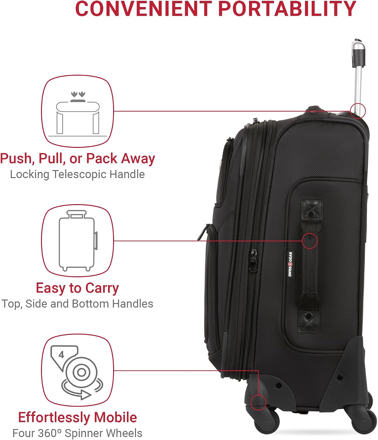 SWISSGEAR Sion Softside Expandable Spinner Luggage Durable Lightweight Travel Suitcase, Black, 2-Piece Set (Carry-On/Large)