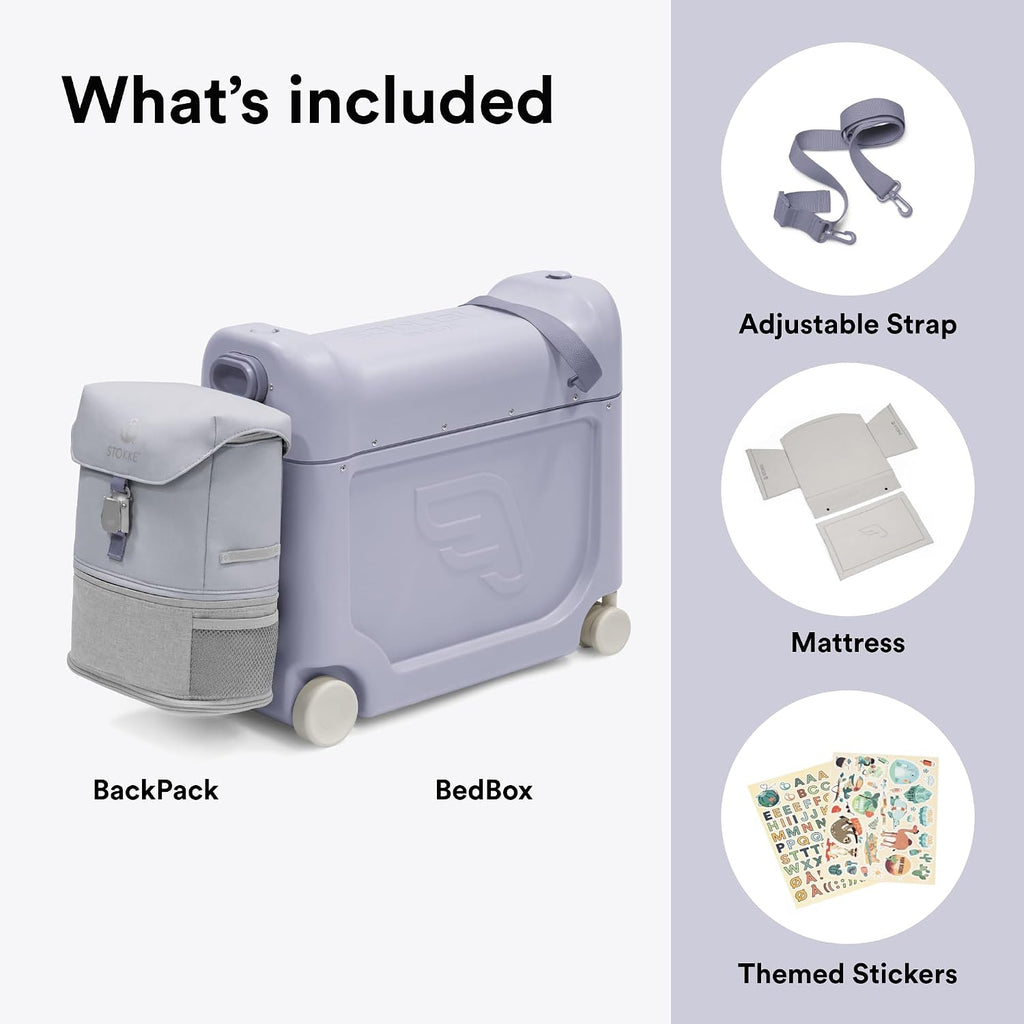 Stokke JetKids Travel Bundle, Arctic Blue - Includes BedBox Ride-On Suitcase & Backpack - Best for Kids 2-7 Years Old (Up to 77 lbs)
