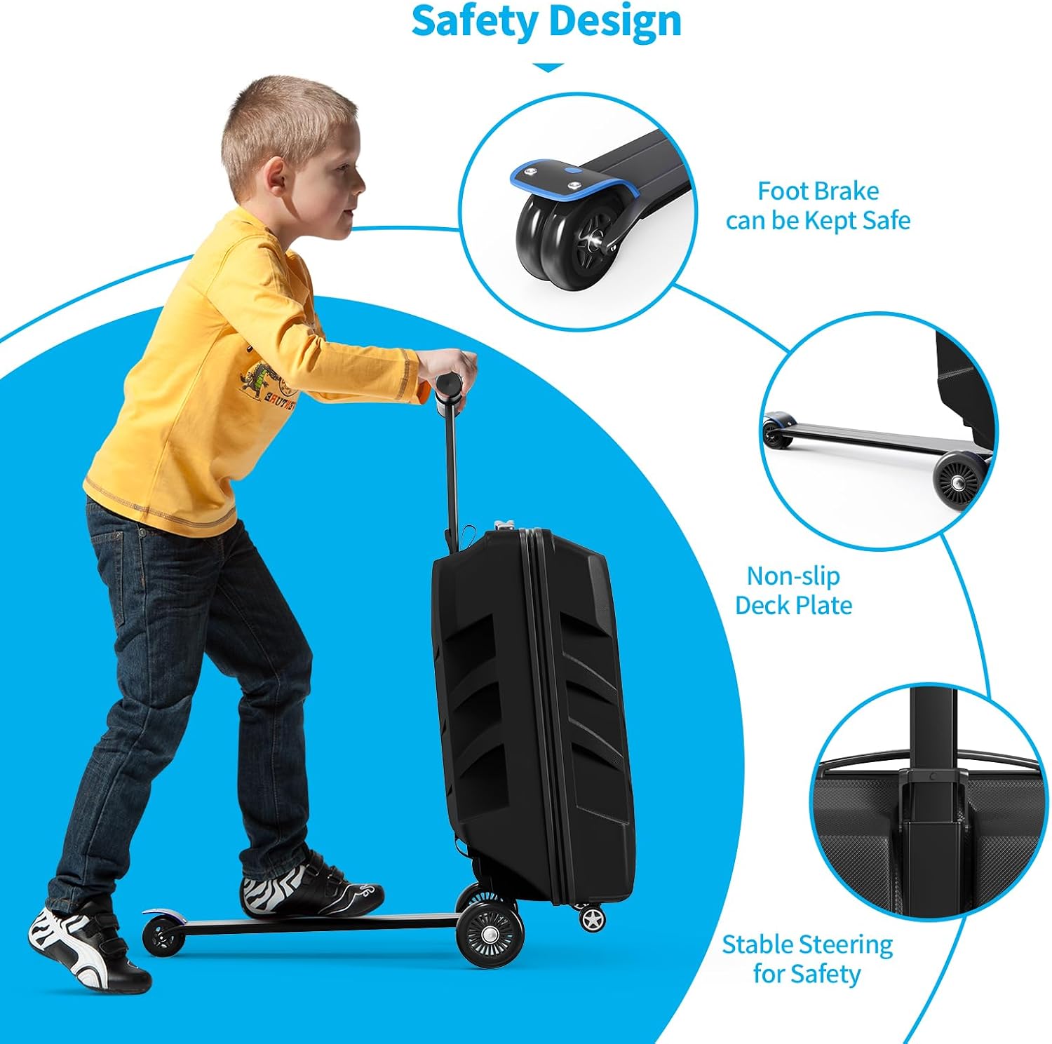 Scooter Suitcase 3-D Hardshell Ride Scooter Luggage for Kids Age 7-15, Cute Lightweight Kids Luggage with Wheels, Girls&Boys Multifunctional Ride On Travel Trolley Scooter Combo-Black