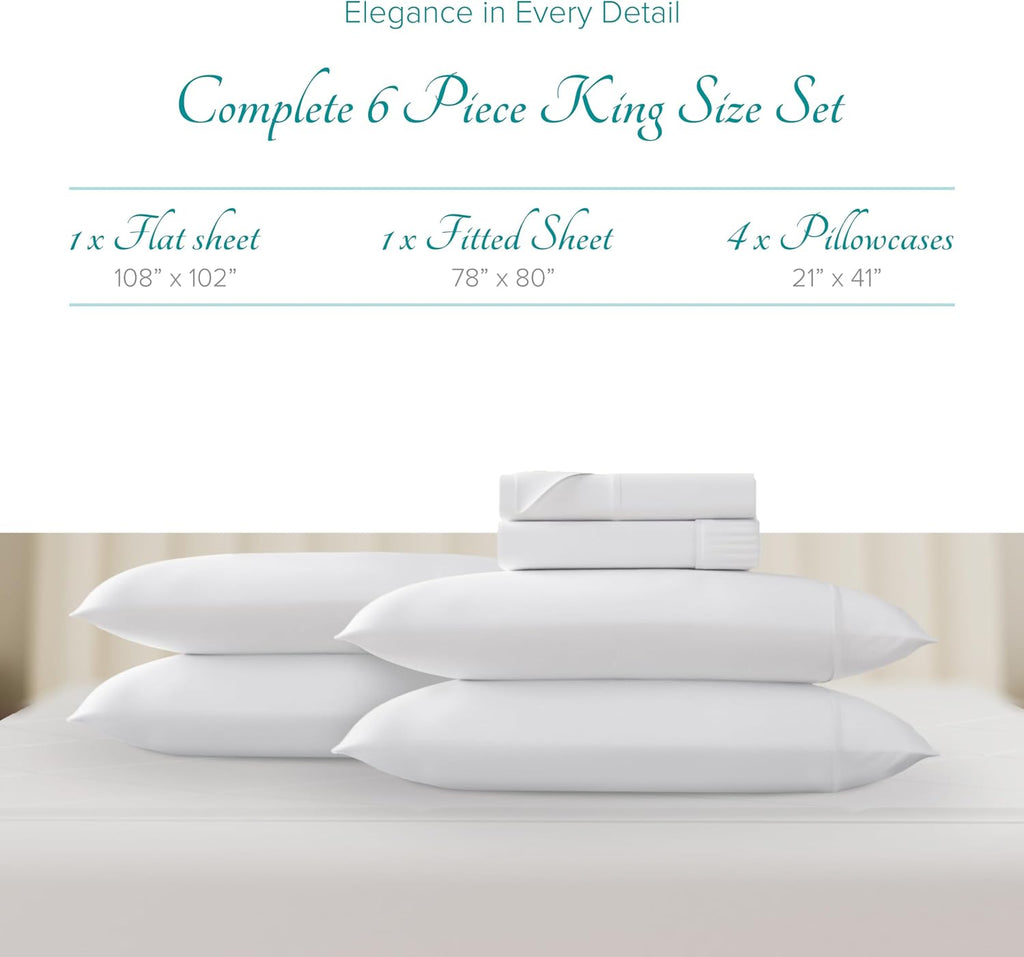 Carressa Linen 100% Egyptian Cotton King Size Sheets Set - 800 Series Tulips Collection Egyptian Cotton Sheets King Size (6 PC, Crisp White), 16' Deep Pocket Sateen Weave Luxury Bed Sheet