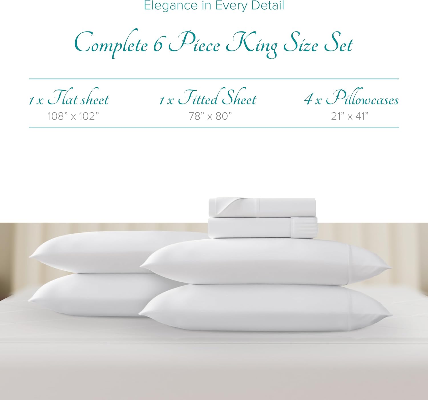 Carressa Linen 100% Egyptian Cotton King Size Sheets Set - 800 Series Tulips Collection Egyptian Cotton Sheets King Size (6 PC, Crisp White), 16' Deep Pocket Sateen Weave Luxury Bed Sheet