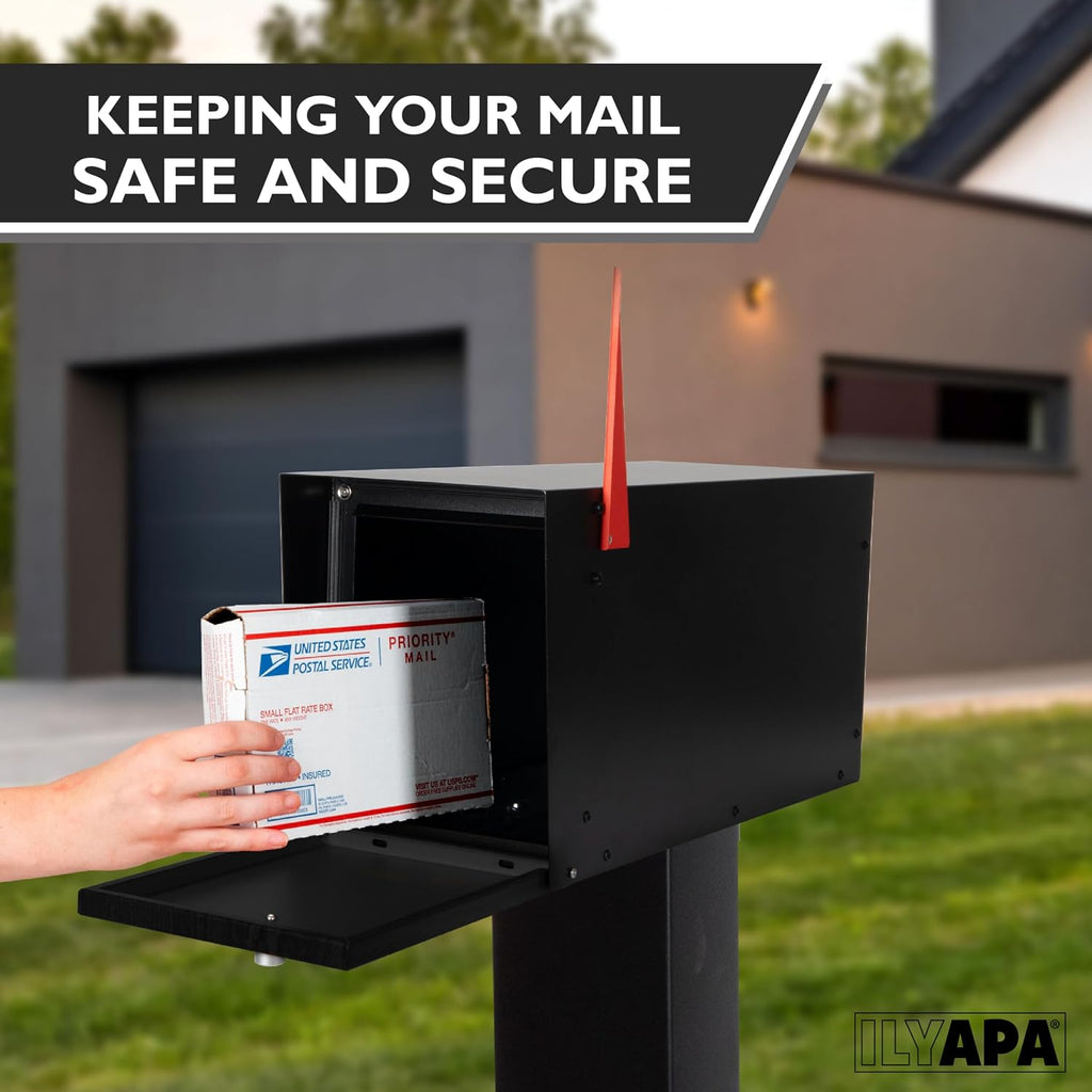 Ilyapa Post Mount Modern Mailbox - Black Exterior Powder Coated, Letterbox with Recessed Magnetic Close Door