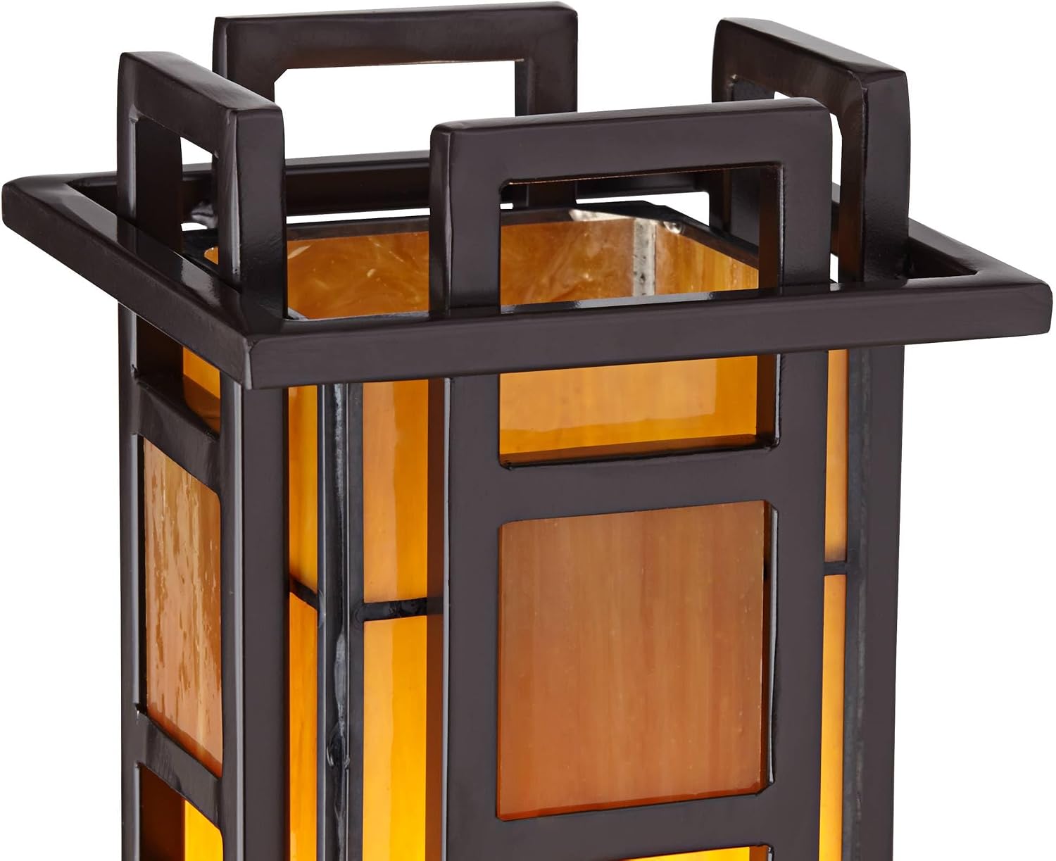 Robert Louis Tiffany Prairie Style Mission Rustic Pillar Accent Table Lamp Bronze Iron Column Hand-Cut Amber Stained Art Glass for Cottage Core Living Room Bedroom House Bedside Nightstand Family