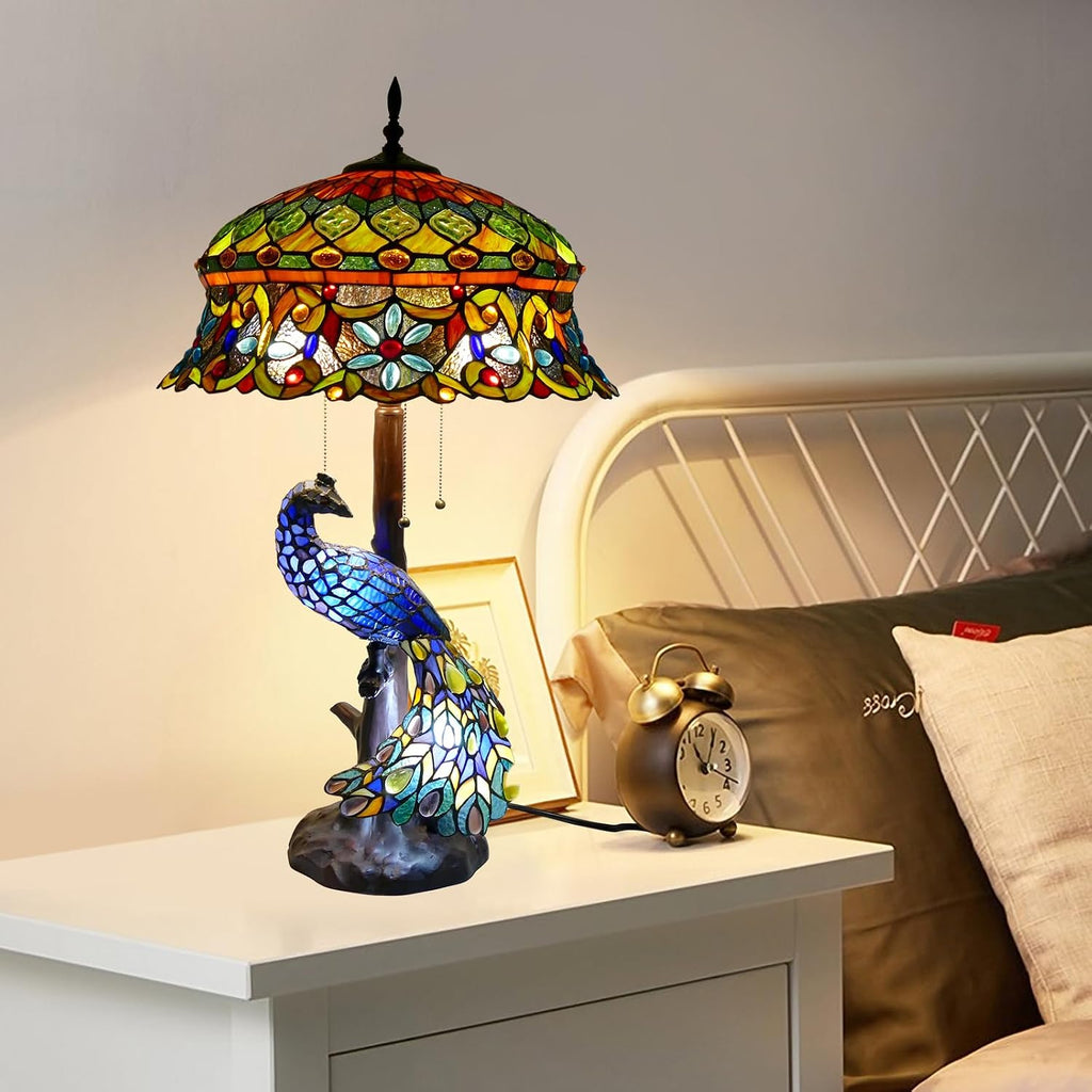 Tiffany Style Table Lamp Peacock Flower Style Handmade Stained Glass Lamp 18 Inch Wide 31 Inch Tall Vintage Desk Light Large Table Lamp for Bedroom Living Room Home Office Decoration