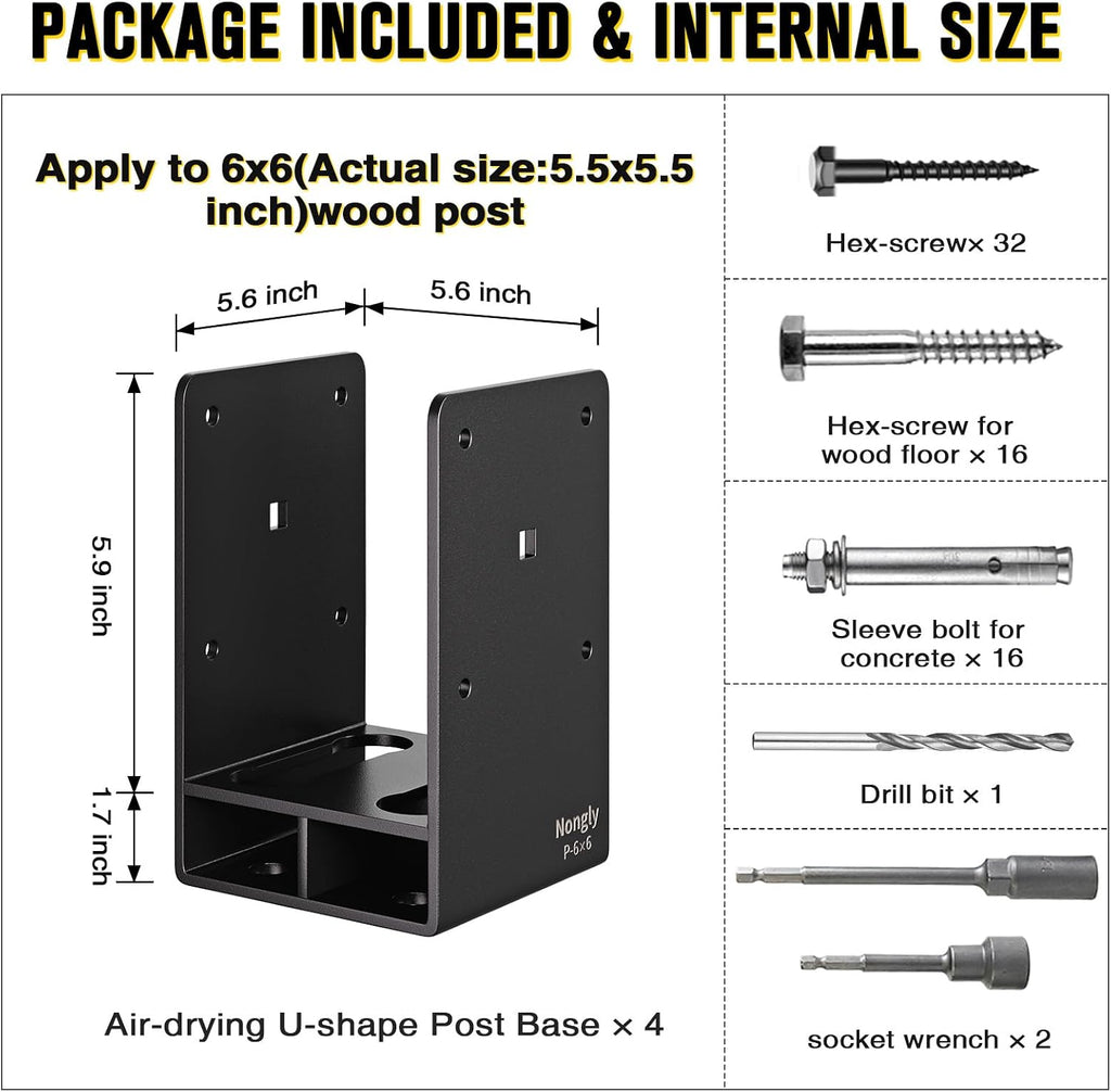 Wood Post Base, Heavy Duty Non-Flange Stainless Steel Metal Construction Elements Post Anchor with Air Flow Channel Fence Post Anchor Base for Deck Railing, Pergolas, Fence Pillar(4Pack, 6x6)