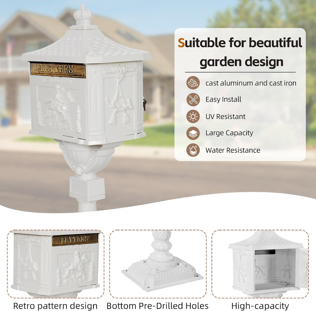 Cast Aluminum Locking Mailbox, Heavy Duty Security Postal Box, Retro Mid-Century Outdoor Mailbox with Key Lock, Weatherproof Anti-Theft Design, Easy Installation, White