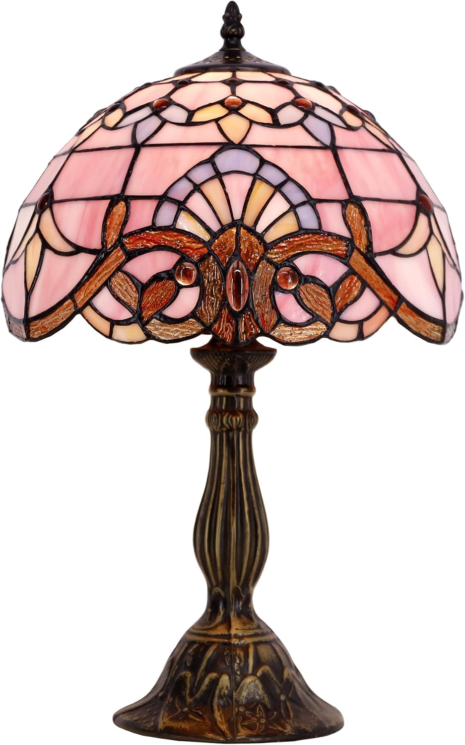 WERFACTORY Tiffany Lamp Stained Glass Table Lamp 12X12X18 Inch Pink Baroque Style Lavender Bedside Reading Desk Light Decor Bedroom Living Room Home Office S003P Series
