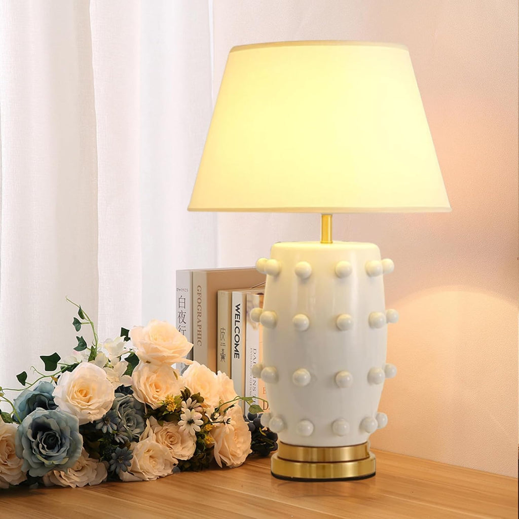 White Ball Farmhouse Ceramic Table Lamp Classic Nightstand Large Linden Lamp with Fabric Shade in Flat White White Table Lamp for Living Room, Bedroom, Office, and Home