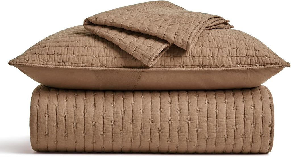 EVERGRACE Cross Stitch Pre-Washed Cotton Quilt Bedding Set King Size, Oversized 3 Pieces Lightweight Bedspread Coverlet for All Season, with 2 Matching Shams, Camel Brown,108'x96'