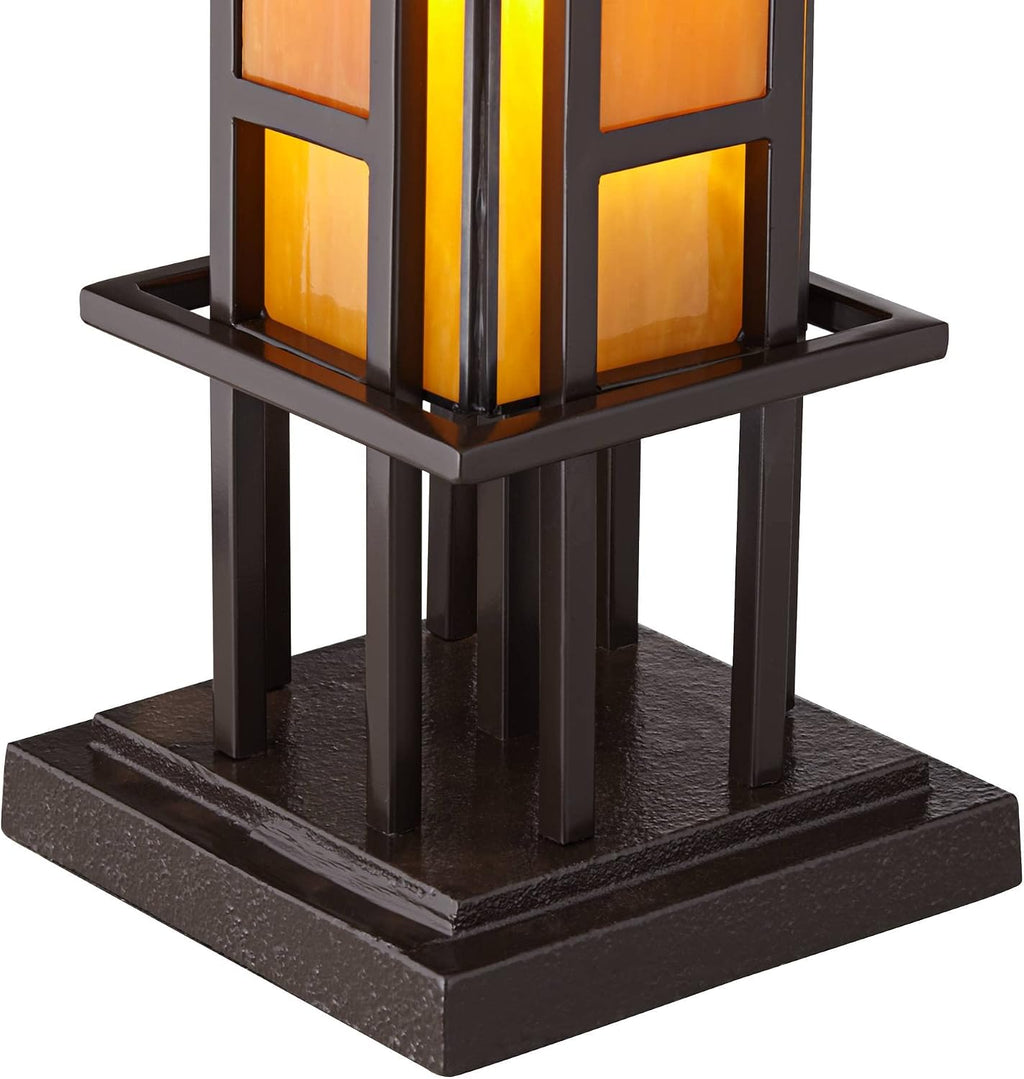 Robert Louis Tiffany Prairie Style Mission Rustic Pillar Accent Table Lamp Bronze Iron Column Hand-Cut Amber Stained Art Glass for Cottage Core Living Room Bedroom House Bedside Nightstand Family