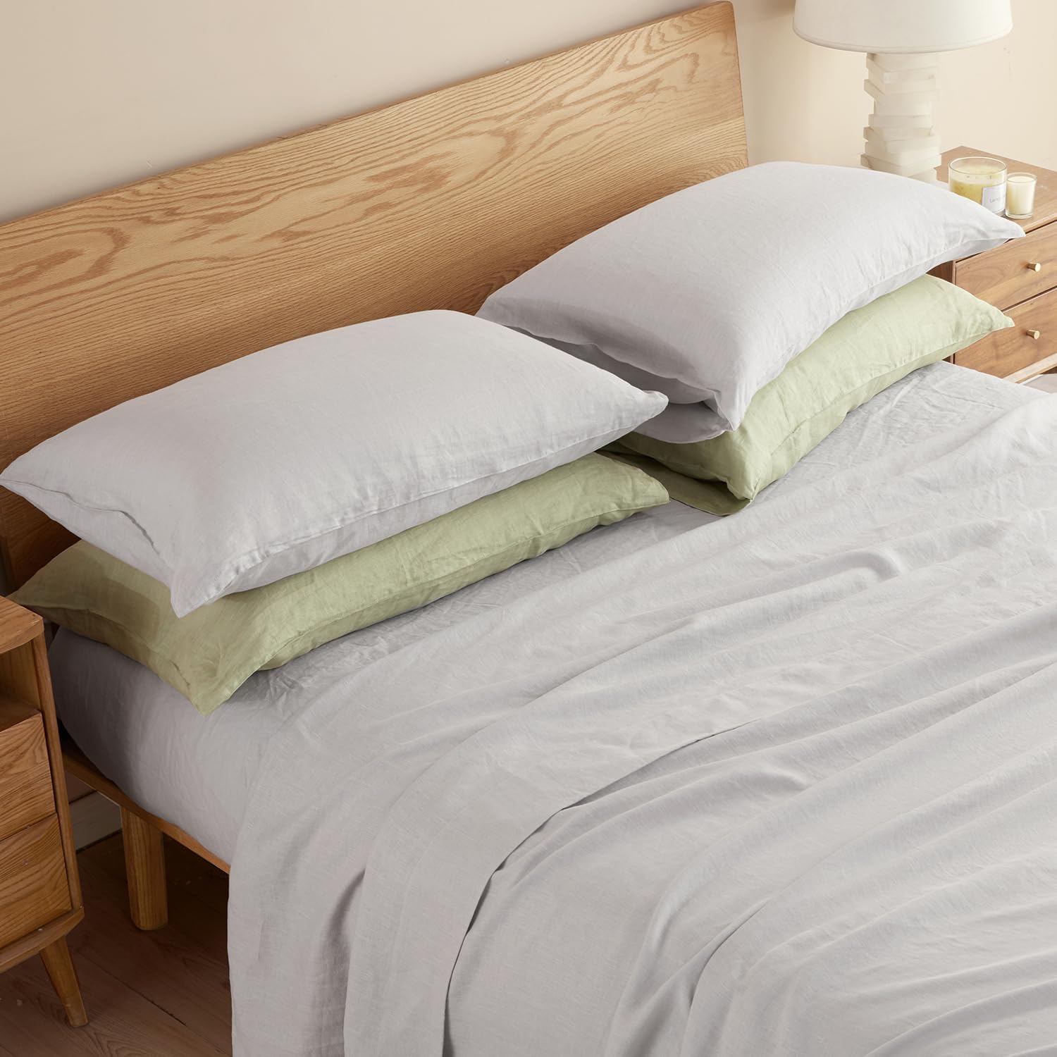 DAPU Pure Linen Sheets Set, 100% French Linen from Normandy, Breathable and Durable for Hot Sleepers, 4 Pcs Set - 1 Flat Sheet, 1 Fitted Sheet, 2 Pillowcases (Fog Gray, Queen)