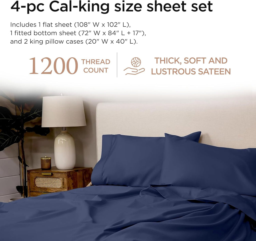 Threadmill California King Sheets, Certified American Supima Cotton Sheets, 1200 Thread Count Hotel Quality Sheet, 4 Piece Luxury Bed Sheet Set with Elasticized Extra Deep Pocket, Folkstone Blue