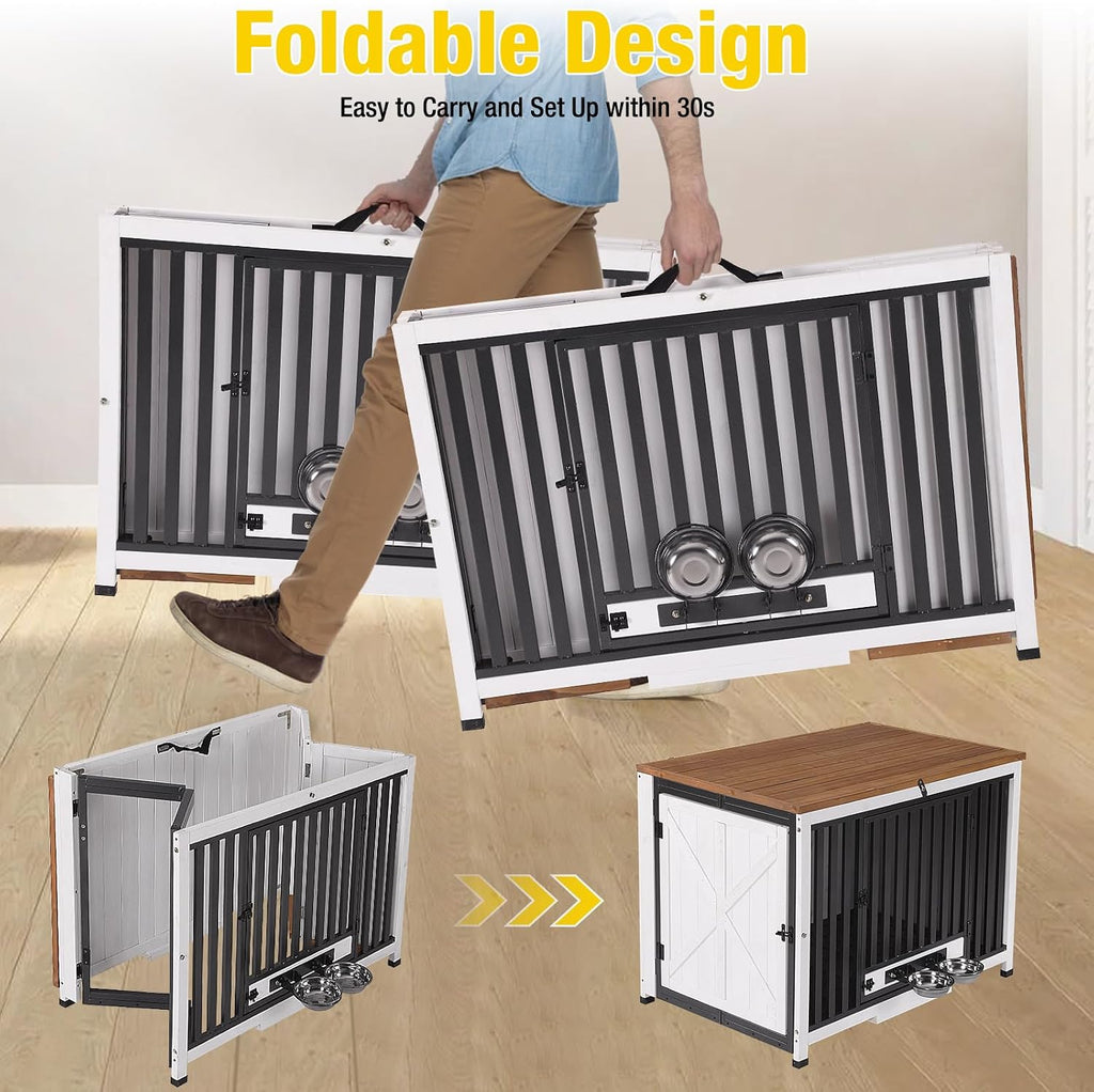 Aivituvin Dog Crate Furniture Foldable Side End Table Expandable Solid Wood Dog Kennel with 360° Rotatable Dog Bowls Indoor Cage, No Assembly Needed (Double Crate)