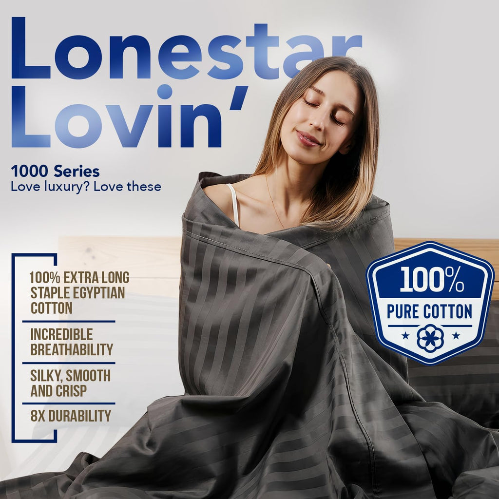 TEXAS LINEN CO. 100% Egyptian Cotton King Size Sheets Set - Luxury 1000 Series Lonestar Lovin' Damask Bed Sheets King Size (4 PC, Dark Grey Stripe), 16' Deep Pocket Extra Long Staple Hotel Sheets