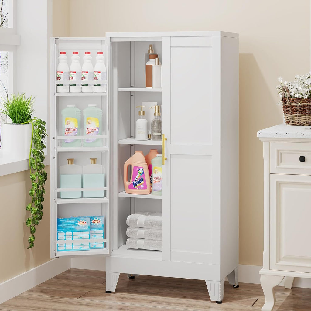 erosoei 51' H Metal Kitchen Pantry Storage Cabinet,Storage Cabinets with Doors and Adjustable Shelves,Freestanding Food Pantry Cabinet Cupboard for Living Room,Dinning Room（White）