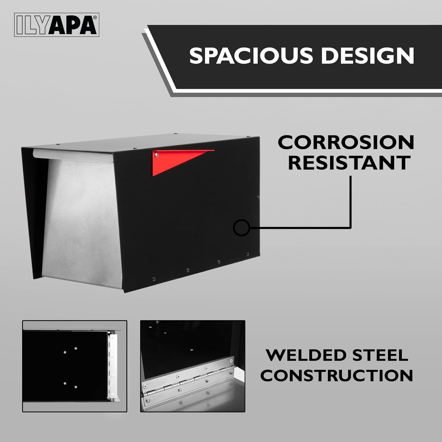 Ilyapa Modern Mailbox for Post Mount - Black with Gray Door Powder Coated Steel, Waterproof Letter Box for Parcels, with Recessed Magnetic Close Door