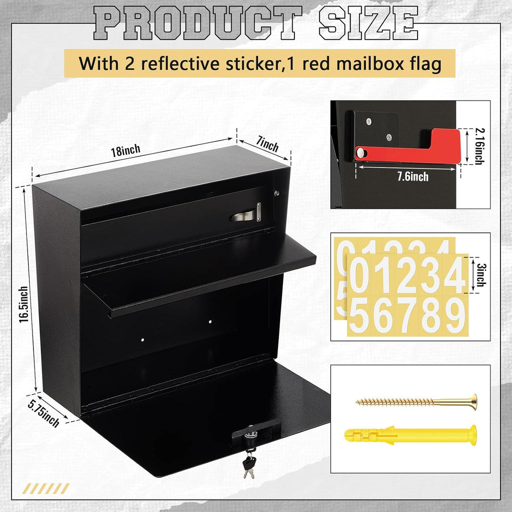 Yaocom Extra Large Wall Mount Mailboxes for Outside 18 x 16.5 x 7 Inches Locking Security Mail Box Galvanized Steel Wall Mailbox Large Capacity Post Box with Key Lock and Reflective Stickers(Black)