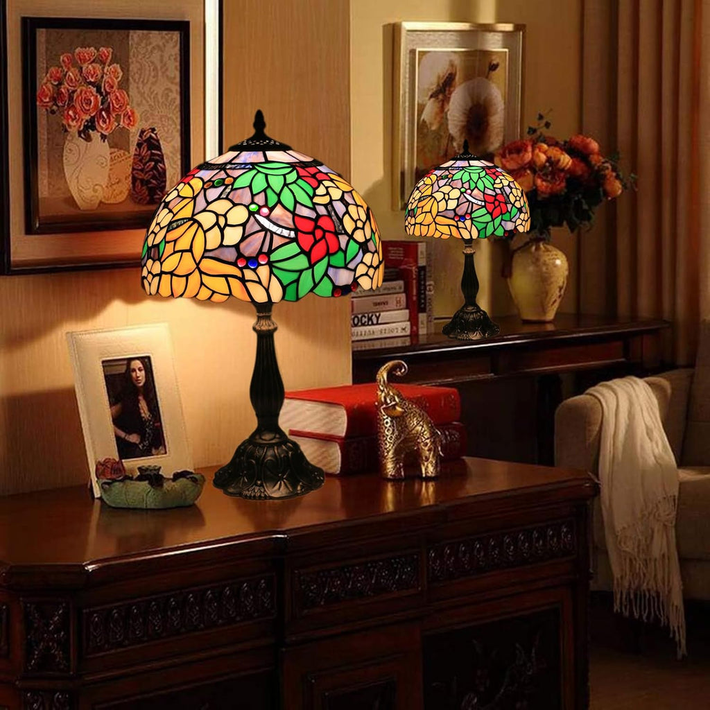 Tiffany Table Lamp for Living Room,Camellia Flower Stained Glass Lamp Shades for Bedside Nightstand Table LampsW/LED Bulb,12X12X19 Inch Tall Home Office Reading Dining Room Desk Lamps