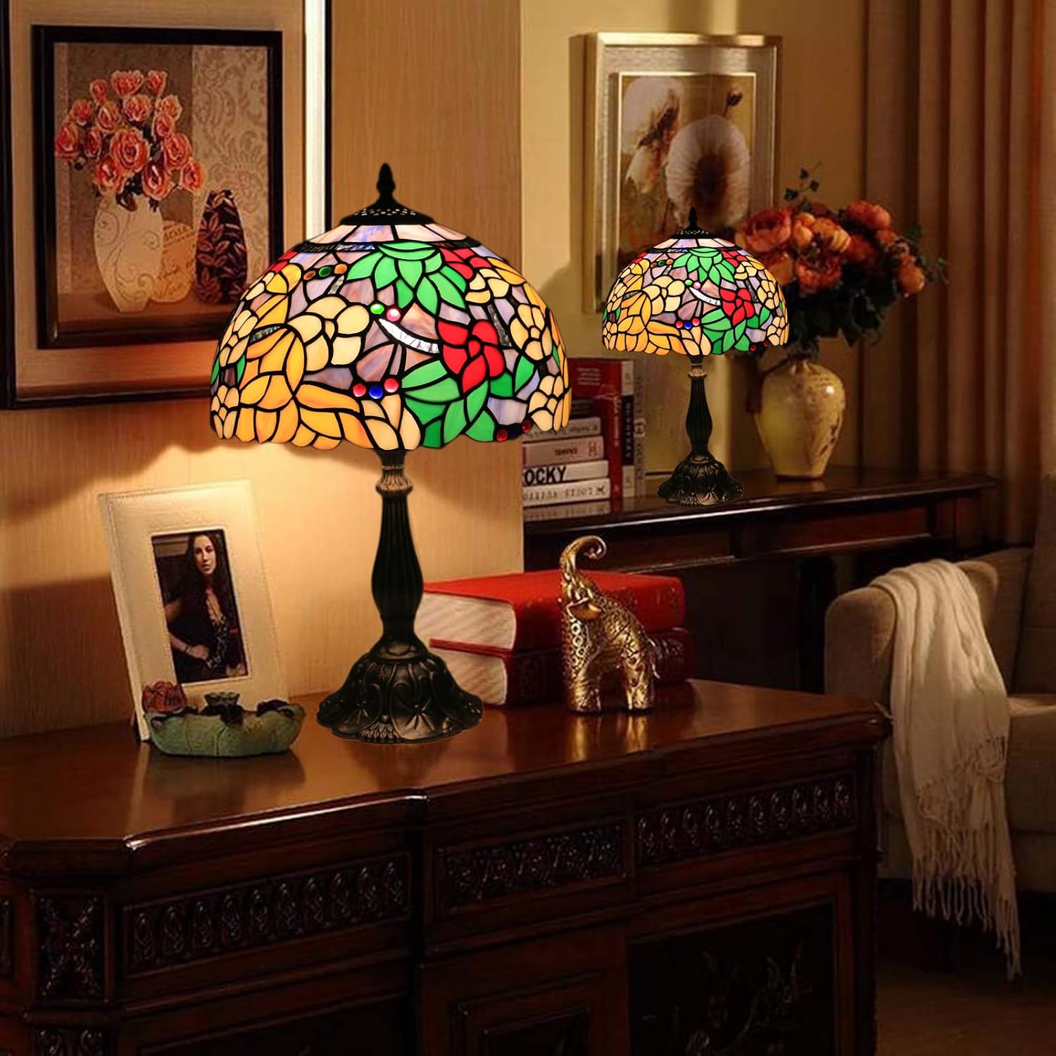 Tiffany Table Lamp for Living Room,Camellia Flower Stained Glass Lamp Shades for Bedside Nightstand Table LampsW/LED Bulb,12X12X19 Inch Tall Home Office Reading Dining Room Desk Lamps
