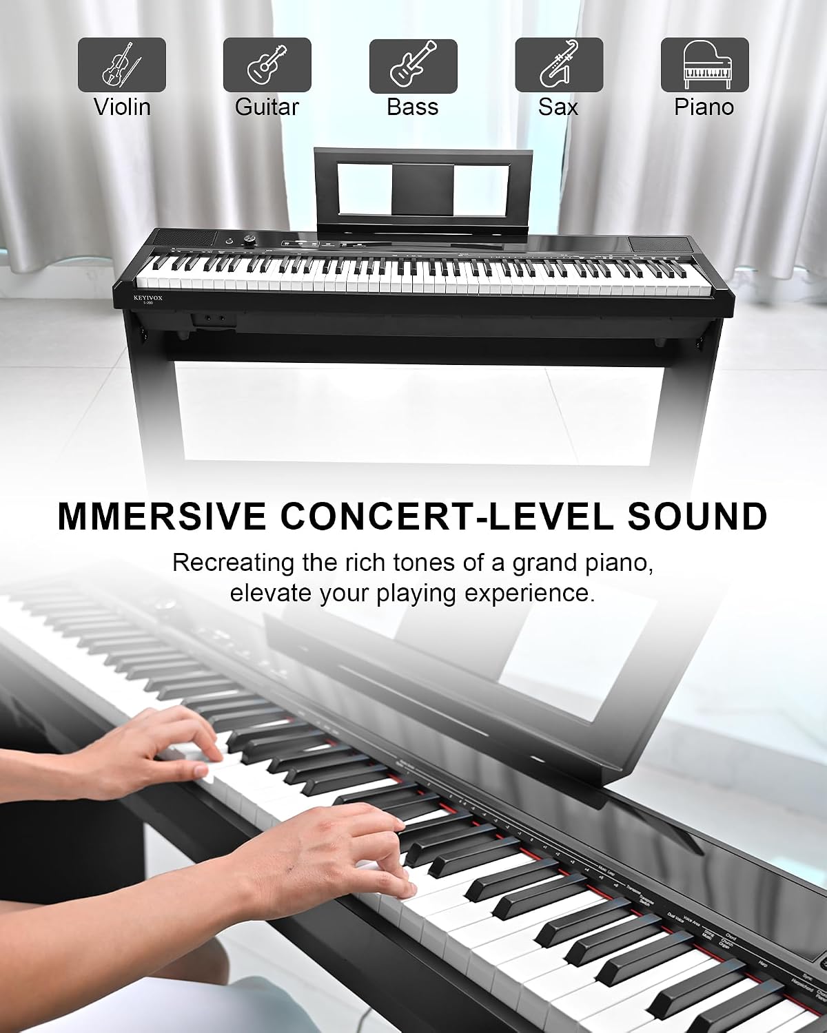 S-200 88-Key Weighted Digital Piano keyboard, Full-size Hammer Action Electric piano for Beginners, 8 Timbres, 128 Rhythms, 31 Demo Songs with Dual Headphone Jack, Triple Pedal, USB