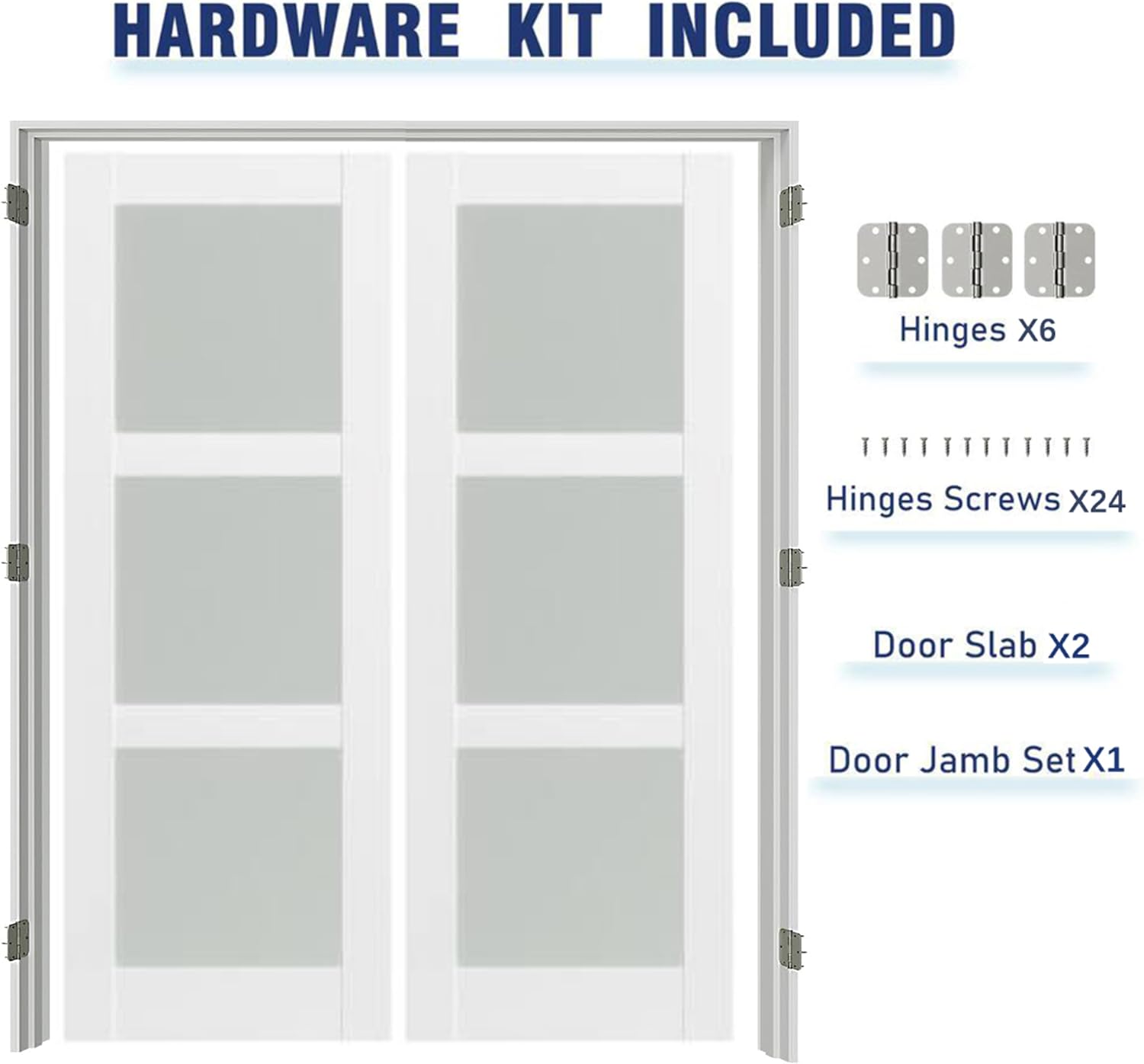 French Doors, 56'x80'Interior Double Doors with Jamb & Hardware Kit, 3-Lite Frosted Glass, Solid Core MDF for Bedroom, Laundry Room, Closet- Easy to Install