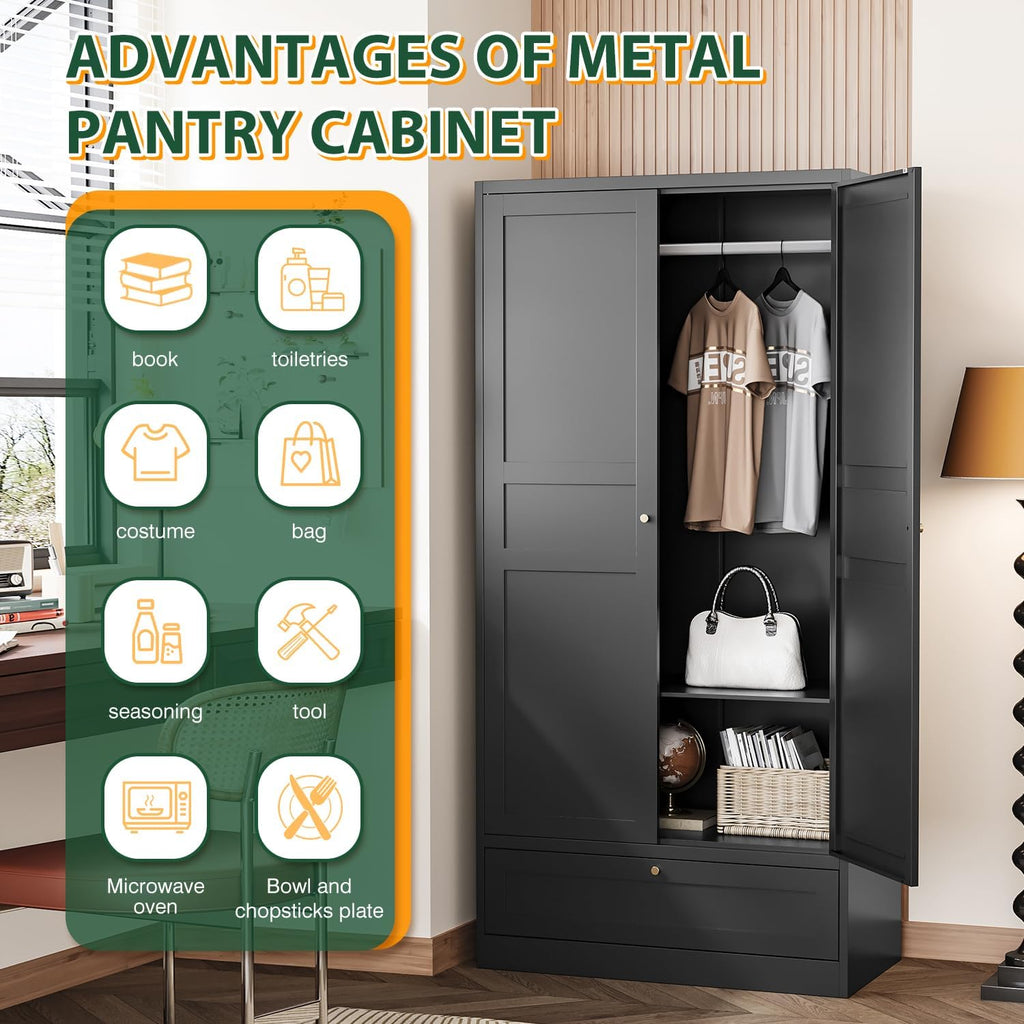 Letaya Wardrobe Closet,72' H Clothing Metal Storage Cabinet with Storage Drawer Adjustable Shelves and Hanging Rod,Bedroom Armoire Cabinet Clothes Organizer (Black)