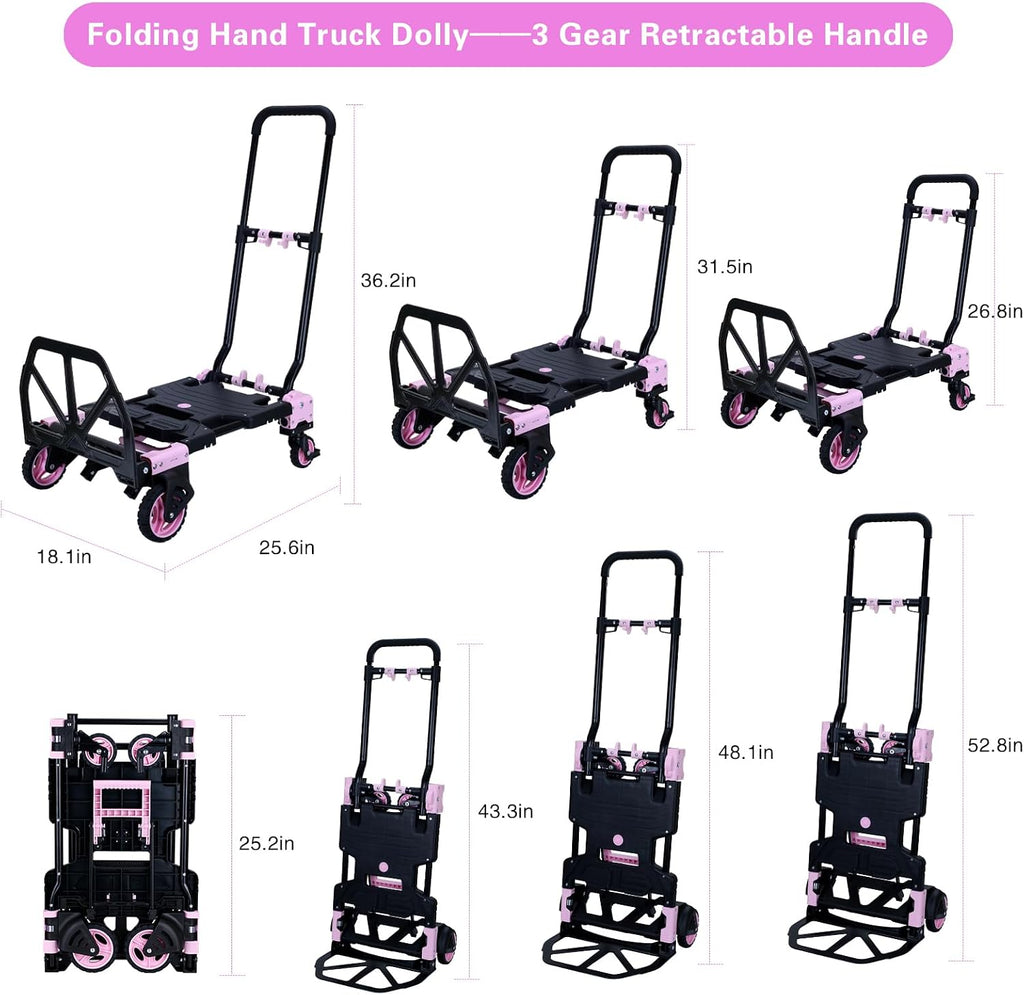 JJSMKCH 2 in 1 Folding Hand Truck,330LB Capacity Hand Truck Foldable,Dolly Cart with Wheels and 3-Speed Adjustable Handle,Portable Hand Cart,Collapsible Dolly for Moving (Pink)