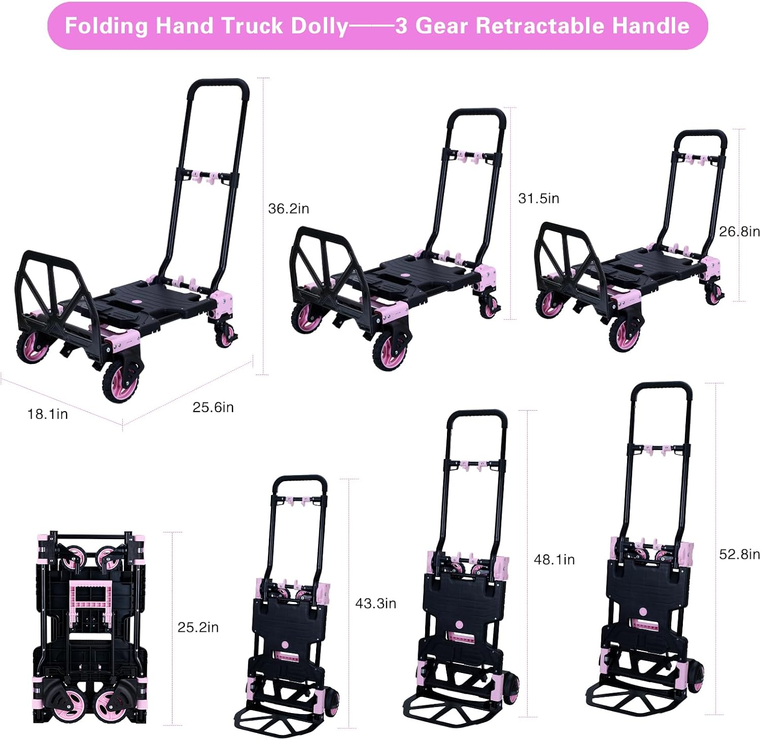 JJSMKCH 2 in 1 Folding Hand Truck,330LB Capacity Hand Truck Foldable,Dolly Cart with Wheels and 3-Speed Adjustable Handle,Portable Hand Cart,Collapsible Dolly for Moving (Pink)