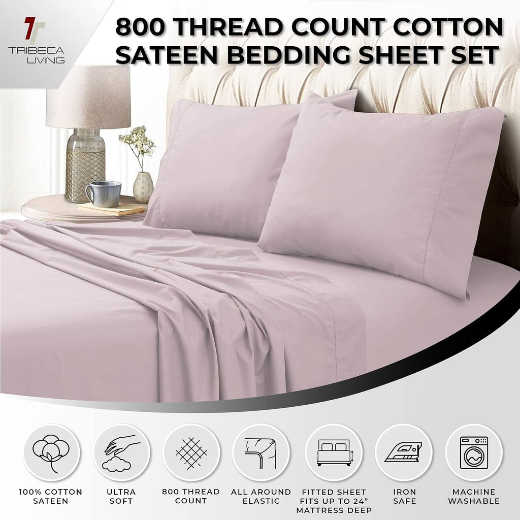 Tribeca Living Luxury 800 Thread Count California King Sheet Set, 100% Egyptian Cotton Sateen, Deep Pocket Sheets, Soft & Breathable, Elegant Hemstitched Design - Lavender