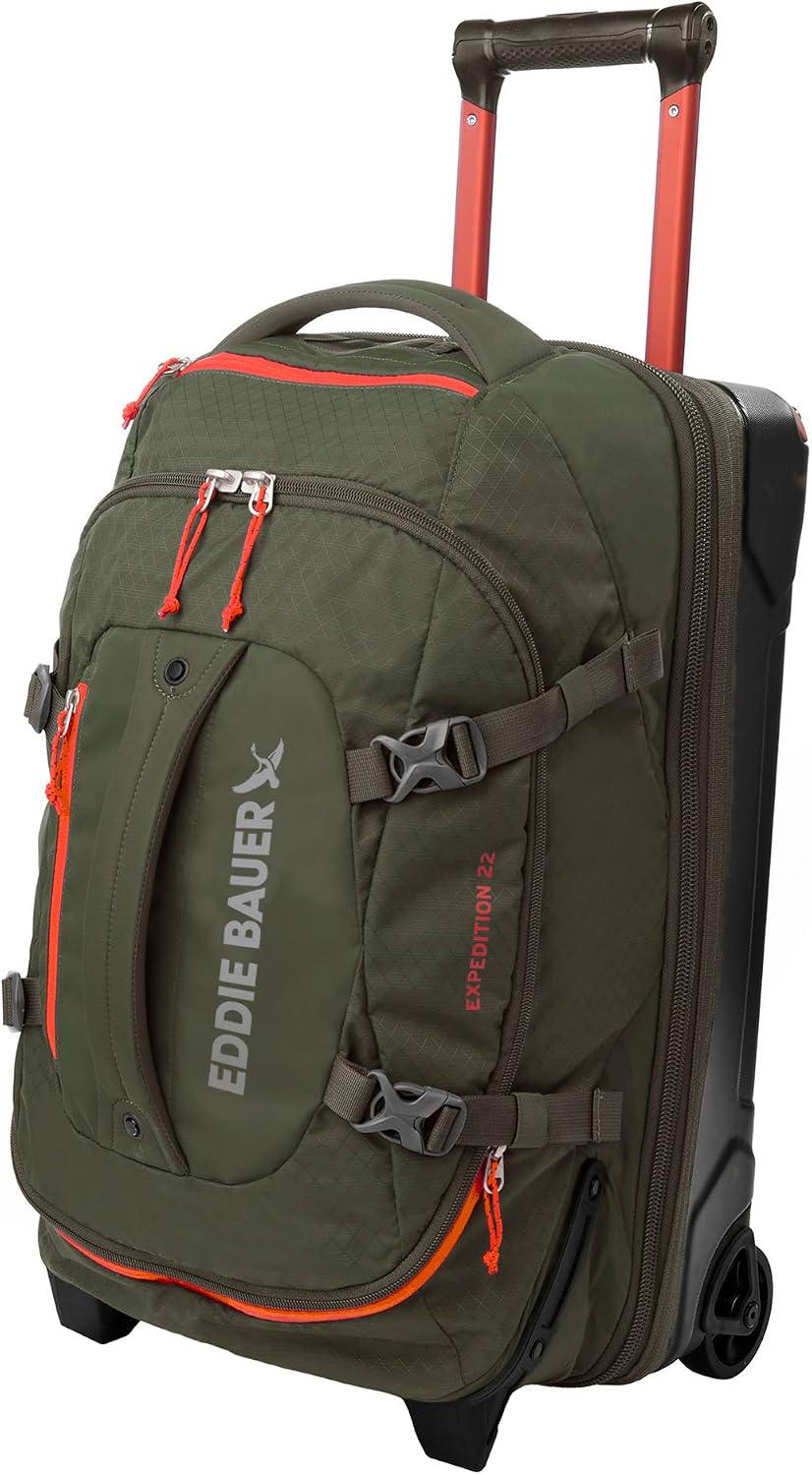 Eddie Bauer Expedition Rolling Duffel Bag with Wheels | Travel | Carry-On | Luggage | Rugged | Durable - Dark Thyme, 22'