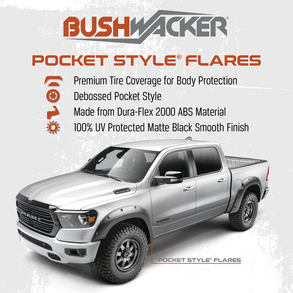 Bushwacker Pocket/Rivet Style Color-Matched Front & Rear Fender Flares | 4-Piece Set, Agate Black Met, Smooth Finish | 20942-32 | Fits 2017-2022 Ford F-250, F-350 Super Duty