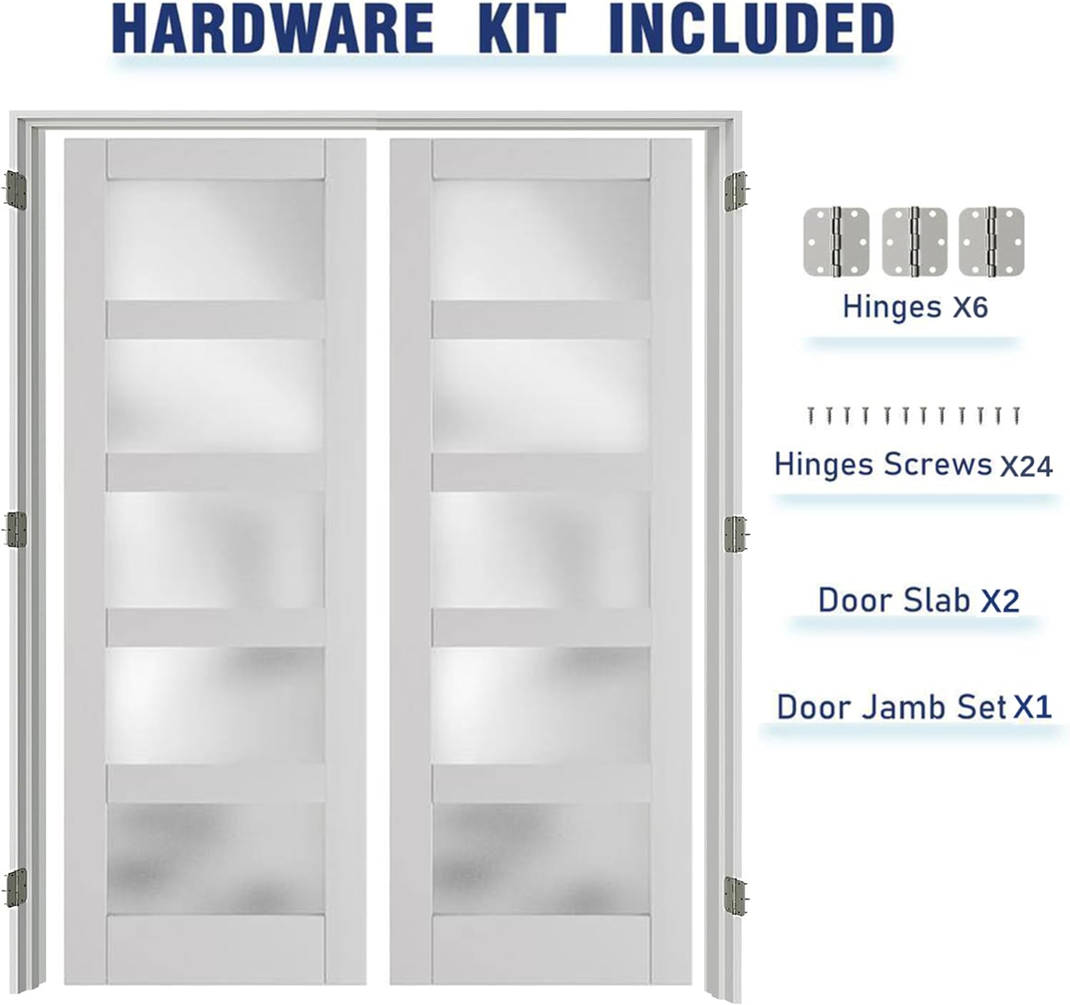 French Doors, 72' x 80', 5-Lite Frosted Glass Pantry Door, Interior Door for Home and Laundry, Solid Core & MDF with Prehung Door Jamb & Hardware Kit - Easy to Install
