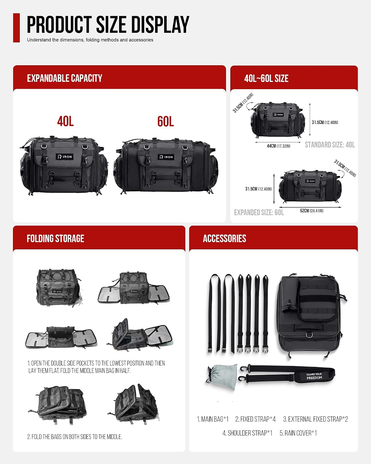RIDEIRON Motorcycle Tail Bag, Expandable Motorcycle Travel Luggage Bags 40L-60L, Waterproof Rear Rack Trunk with Rain Cover and Sissy Bar Straps