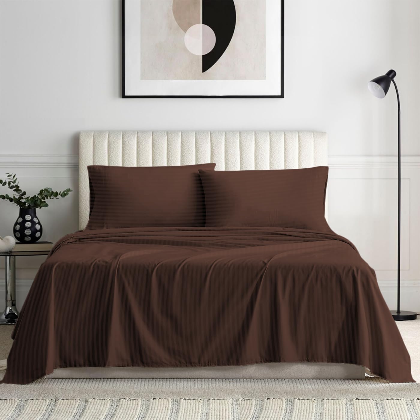 1000 Series - 100% Egyptian Cotton Sheet Set Soft & Comfy Breathable Hotel Quality Luxury Bedding -King Size Fits Mattress Up to 18-20' Deep (Stripe, Chocolate)