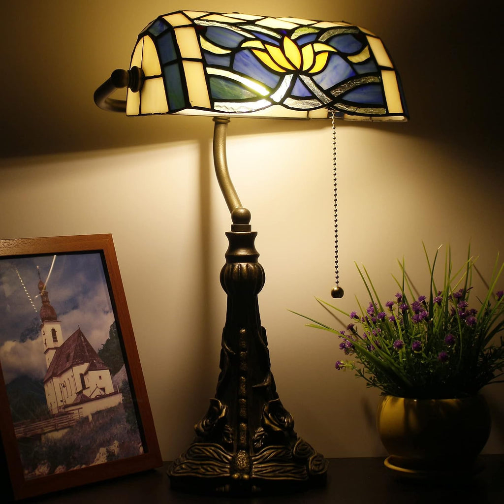 Tiffany Banker Lamp Small Stained Glass Table Lamp Tiffany Style Piano Light Blue Yellow Lotus Style Desk Lamp Angle Adjustable 10.6X15.7 Inch for Home Office Living Room Bedroom