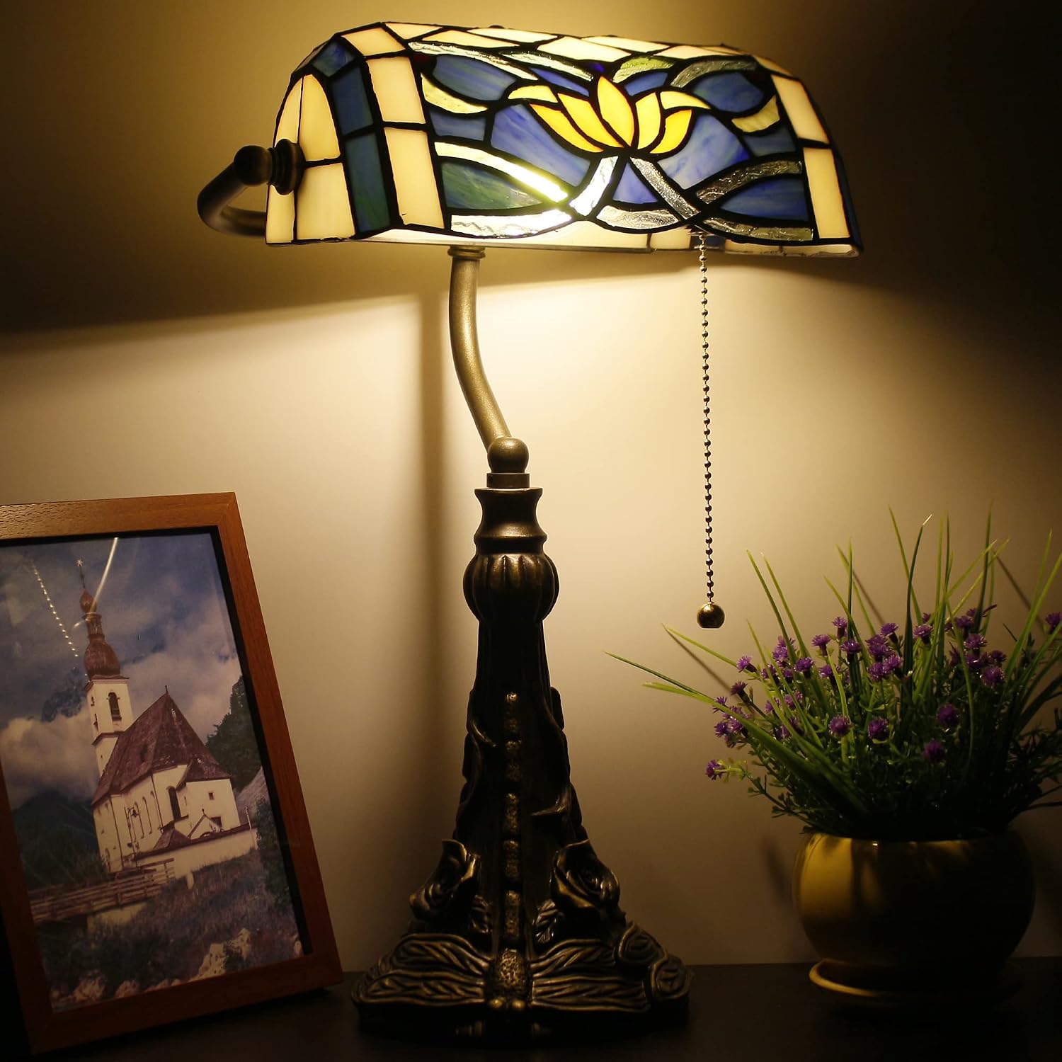 Tiffany Banker Lamp Small Stained Glass Table Lamp Tiffany Style Piano Light Blue Yellow Lotus Style Desk Lamp Angle Adjustable 10.6X15.7 Inch for Home Office Living Room Bedroom