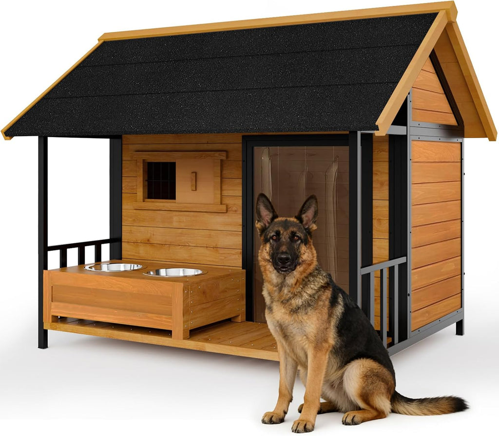 Large Dog House with Dog Bowls Stand, Outdoor Weatherproof XL Dog Kennel with Openable Roof, Easy Assembly All-Around Iron Frame Design for Outside Medium Big XLarge Breed Dogs