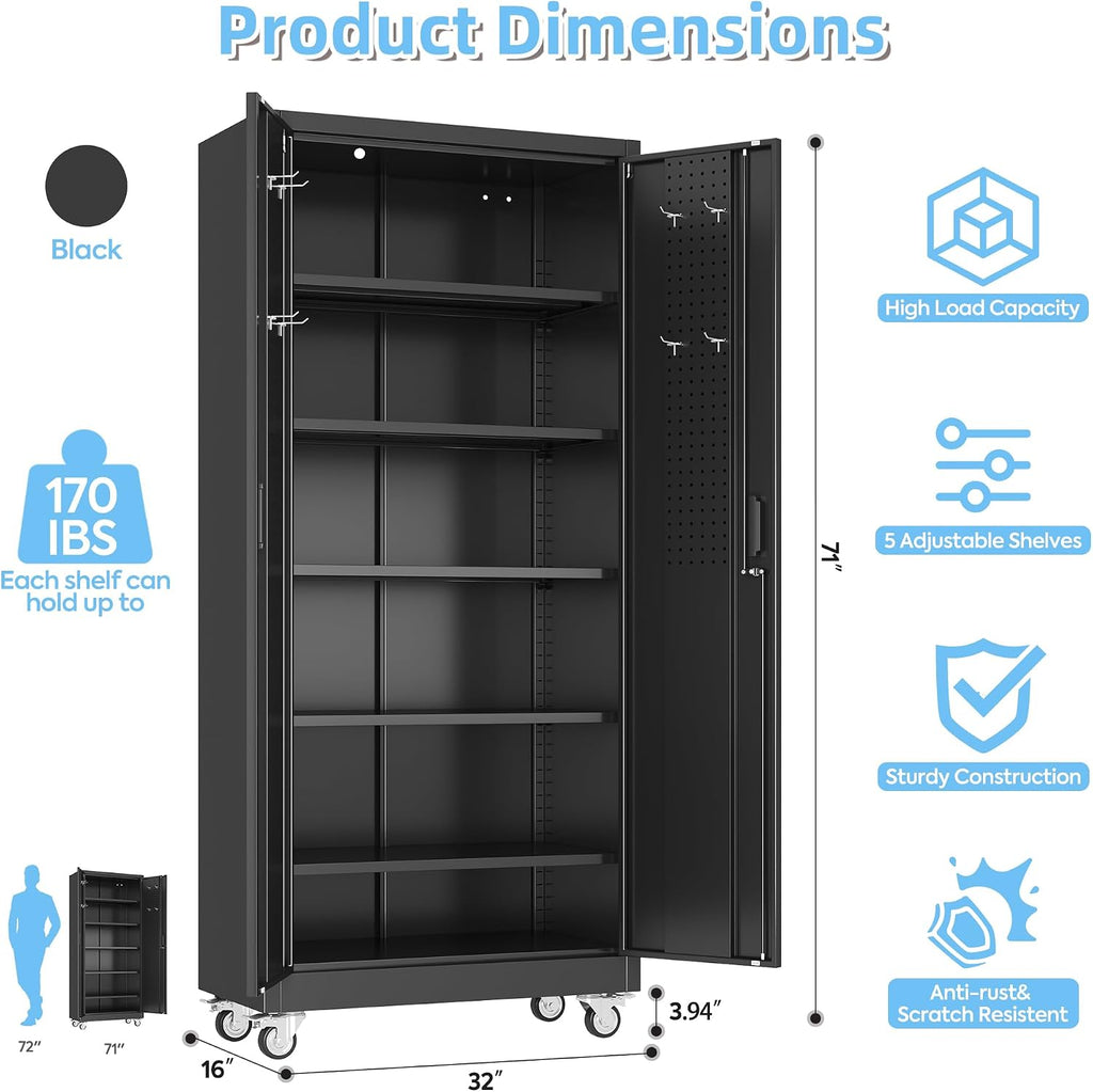 Aobabo Upgraded Garage Storage Cabinets with Wheels,Metal Storage Cabinets with 5 Adjustable Shelves for Garage Home Office Storage, Black,71''H*34''W*18''D,Assembly Required