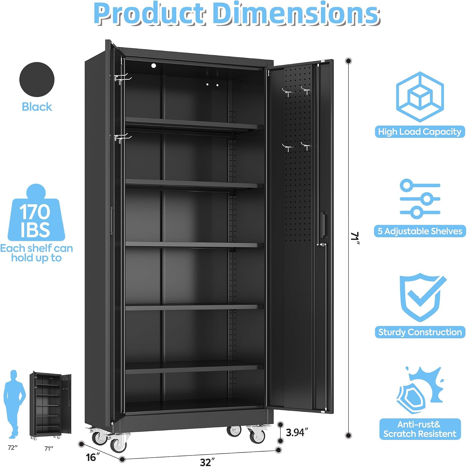 Aobabo Upgraded Garage Storage Cabinets with Wheels,Metal Storage Cabinets with 5 Adjustable Shelves for Garage Home Office Storage, Black,71''H*34''W*18''D,Assembly Required