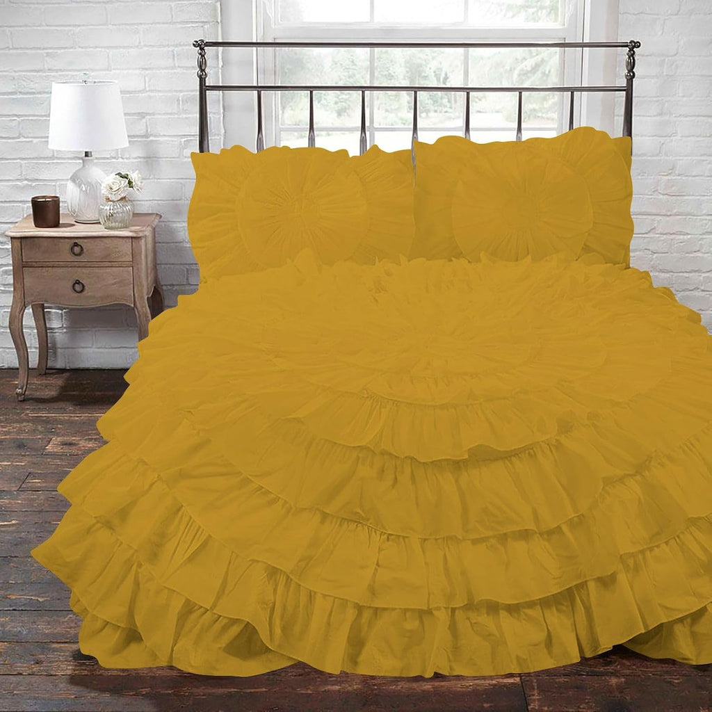 3 Piece 100% Egyptian Cotton Circle Ruffle Comforter Set, 550 GSM Filled Microfiber - Full/Queen Size, Golden Color - 1000 Thread Count