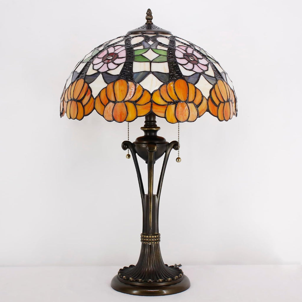 Tiffany Table Lamp 24 Inch Orange Flower Stained Glass Desk Lamp Reading Light for Bedroom Living Room Bedside Nightstand