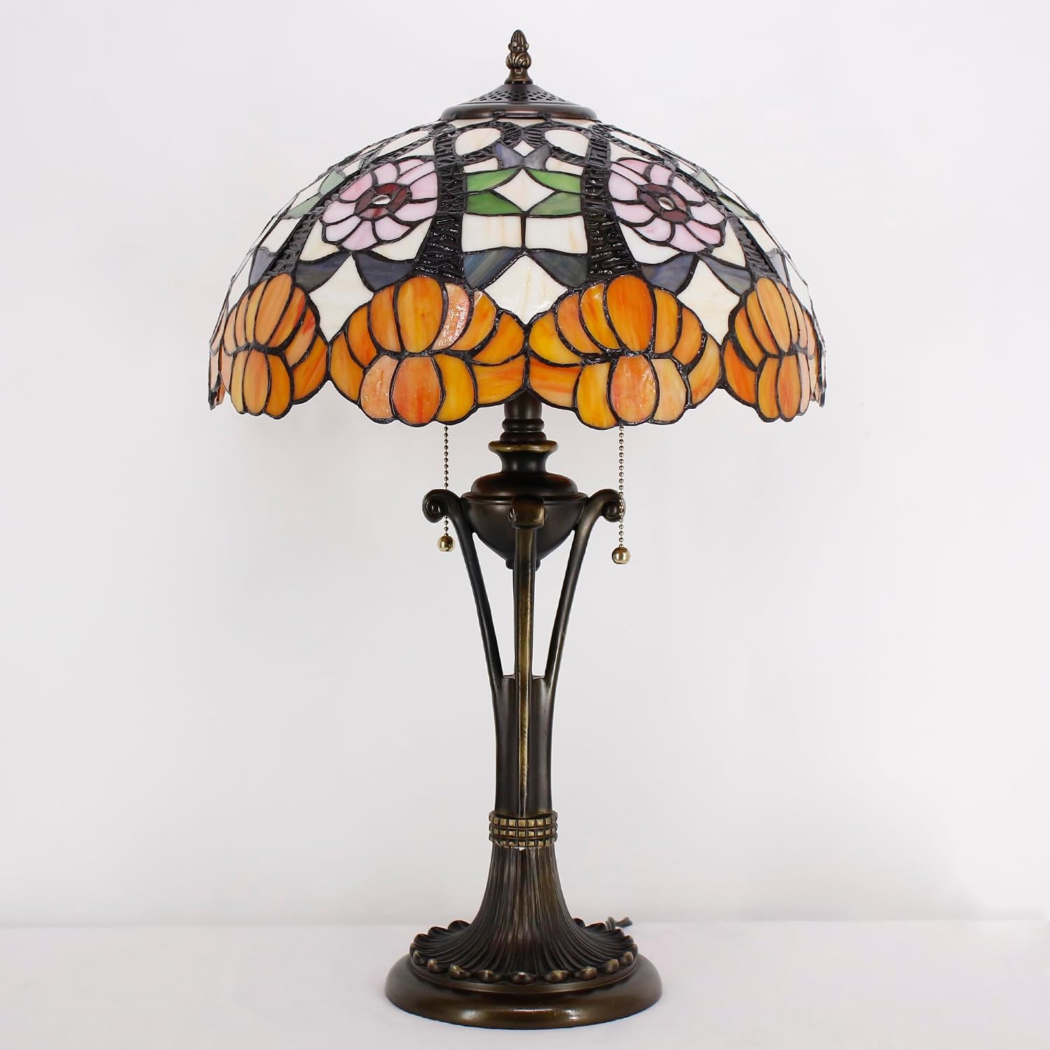 Tiffany Table Lamp 24 Inch Orange Flower Stained Glass Desk Lamp Reading Light for Bedroom Living Room Bedside Nightstand