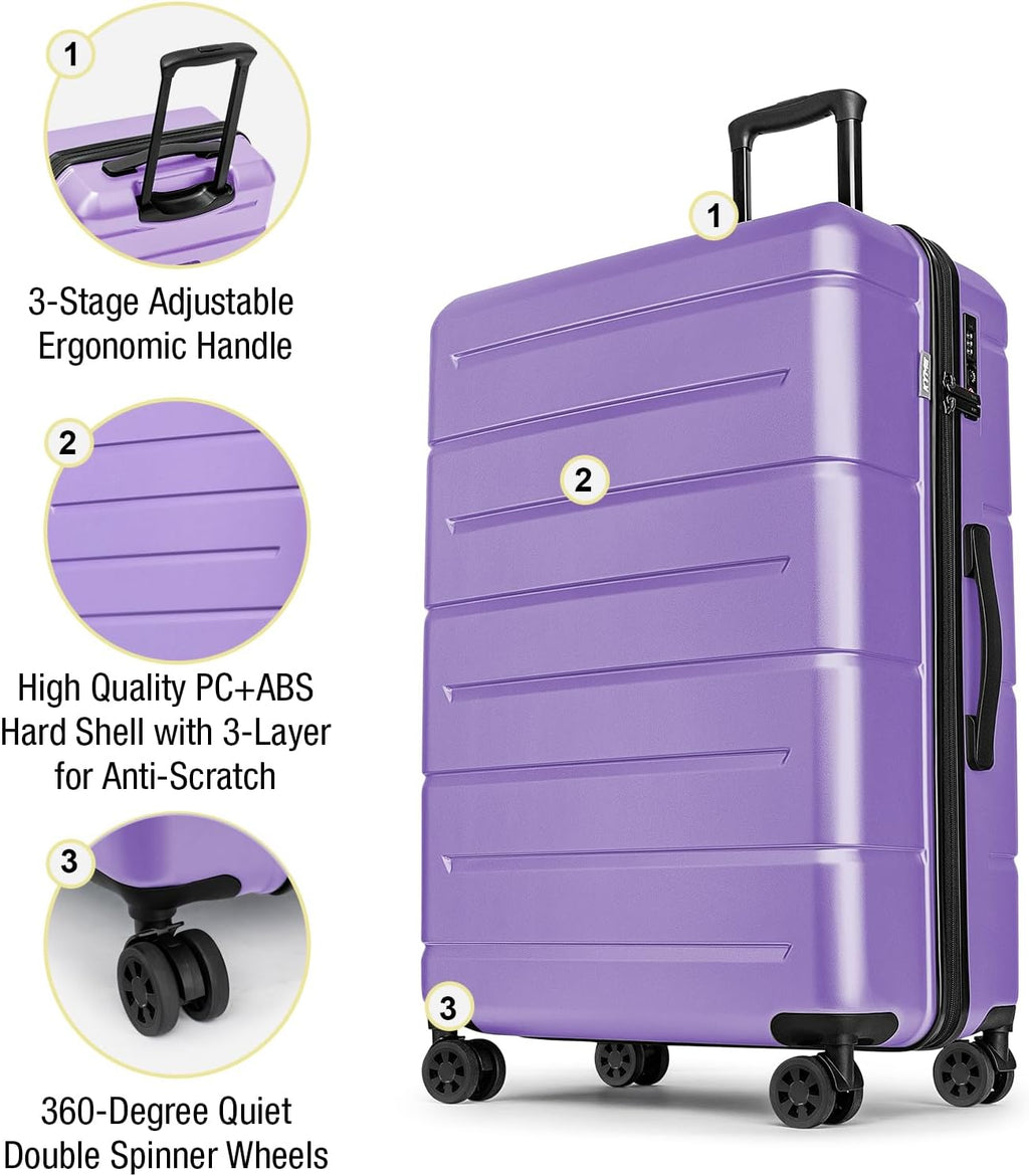 KYME Large Suitcases with Wheels Hardshell 28 Inch Luggage TSA Approved Big Checked Luggage Durable Travel Rolling Suitcase for Women Lt Purple