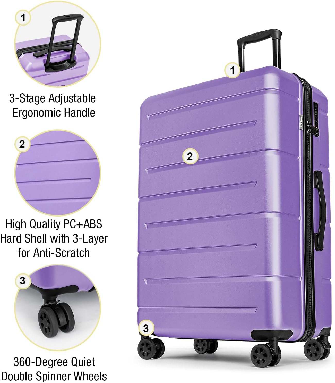 KYME Large Suitcases with Wheels Hardshell 28 Inch Luggage TSA Approved Big Checked Luggage Durable Travel Rolling Suitcase for Women Lt Purple