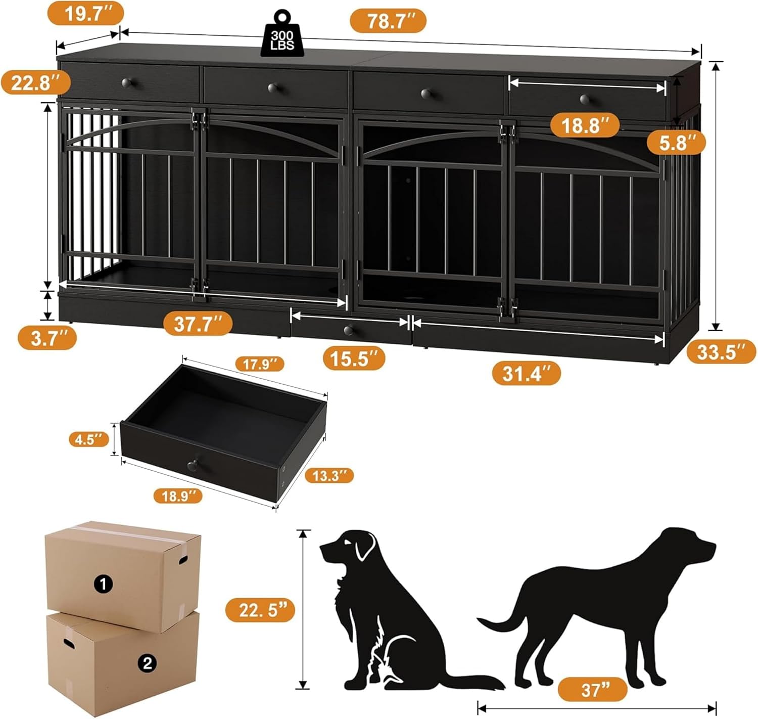 GAOMON Dog Crate Furniture for 2 Dogs, 78.7'' Large Dog Kennel Indoor with 4 Storage Drawers and Feeding Bowls, Double Dog Crate TV Stand for Small and Medium Dogs, Black